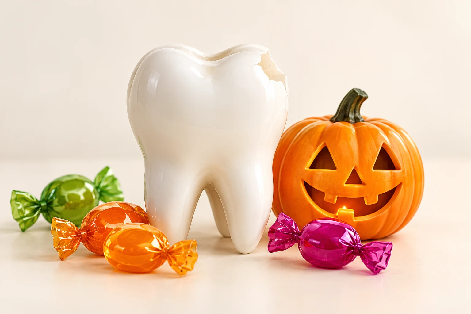 Illustration of a chipped white tooth beside an orange jack-o'lantern and colorful wrapped candy.