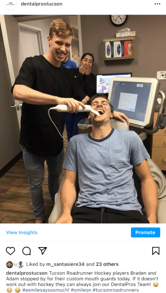 DentalPros Instagram post showing Tucson Roadrunners players visiting for custom mouthguards