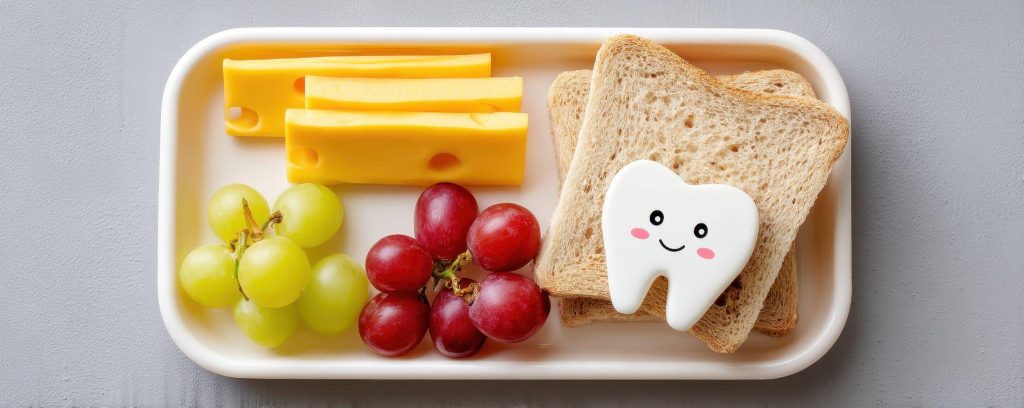 Braces-friendly school lunch with cheese, grapes, and a sandwich